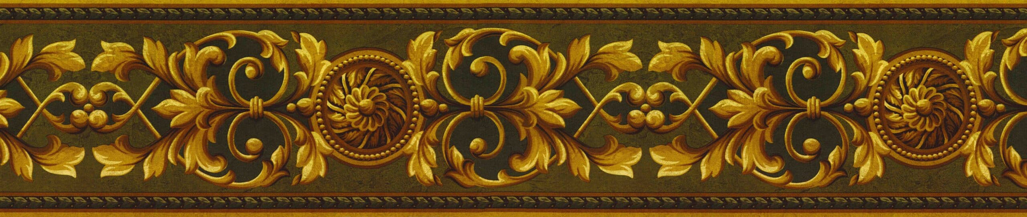 Prepasted Wallpaper Border - Victorian Gold, Brown, Green Damask Wall Border Retro Design, 15 ft x 8 in (4.57m x 20.32cm)