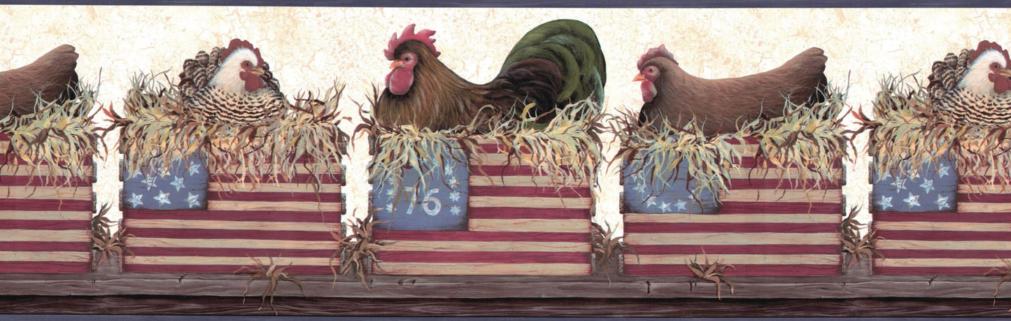 Prepasted Wallpaper Border - Patriotic Brown, Green, Beige Crated Hens, US Flag Wall Border Retro Design, 15 ft x 10 in (4.57m x 25.4cm)