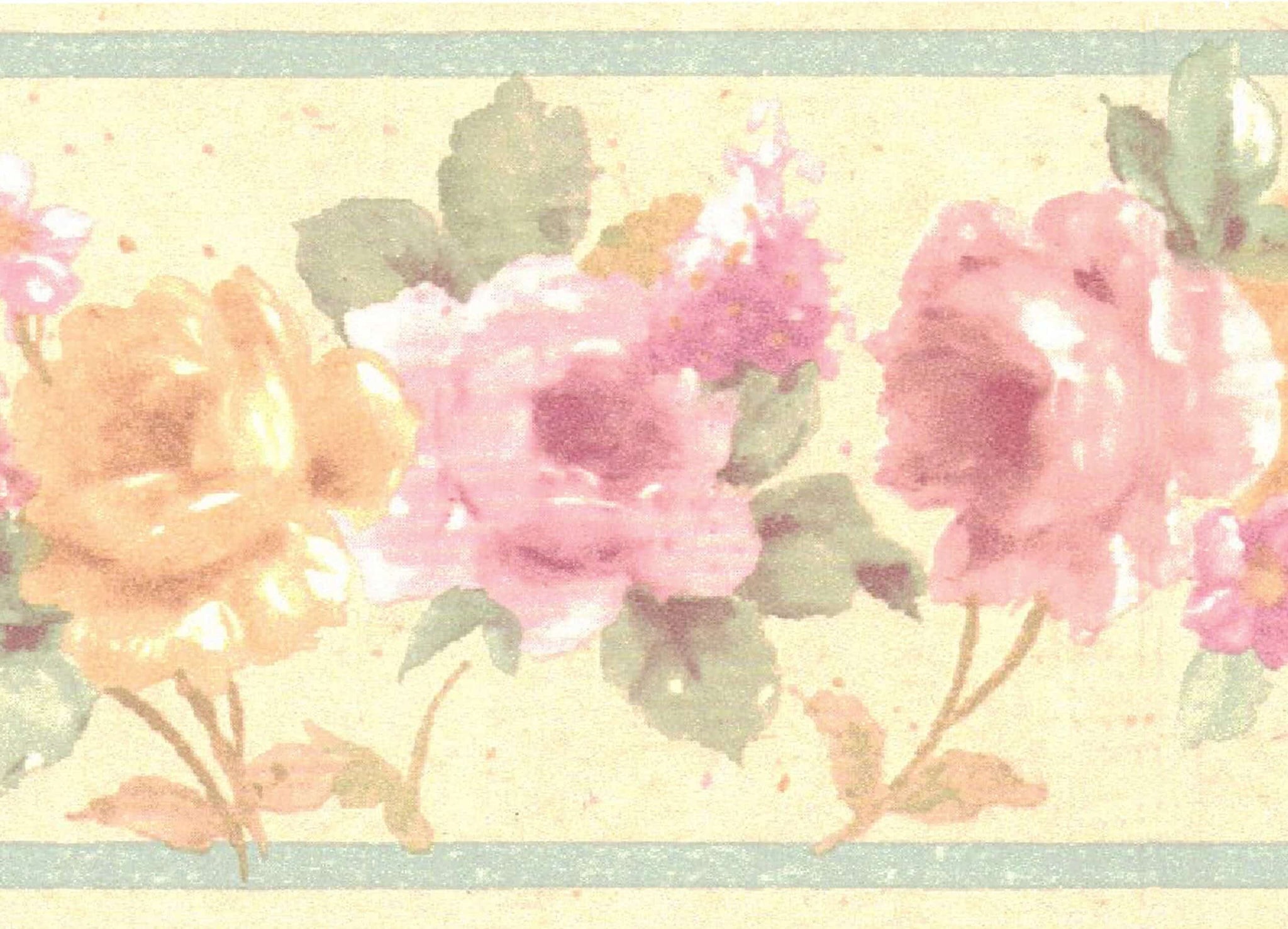 Prepasted Wallpaper Border - Floral Beige, Yellow, Pink, Green Blooming Roses Wall Border Retro Design, 15 ft x 3 in (4.57m x 7.62cm)