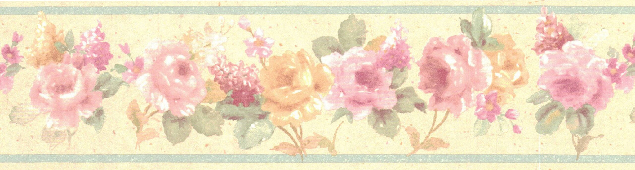 Prepasted Wallpaper Border - Floral Beige, Yellow, Pink, Green Blooming Roses Wall Border Retro Design, 15 ft x 3 in (4.57m x 7.62cm)