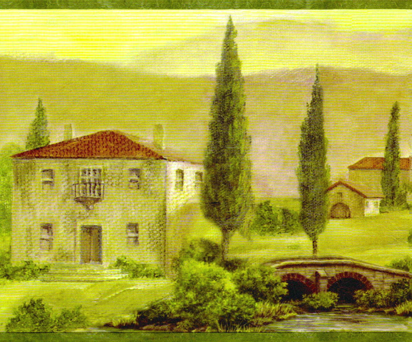 Prepasted Wallpaper Border - Country Green, Red Houses, Trees Wall Border Retro Design, 15 ft x 6 in (4.57m x 15.24cm)