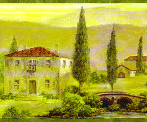 Prepasted Wallpaper Border - Country Green, Red Houses, Trees Wall Border Retro Design, 15 ft x 6 in (4.57m x 15.24cm)