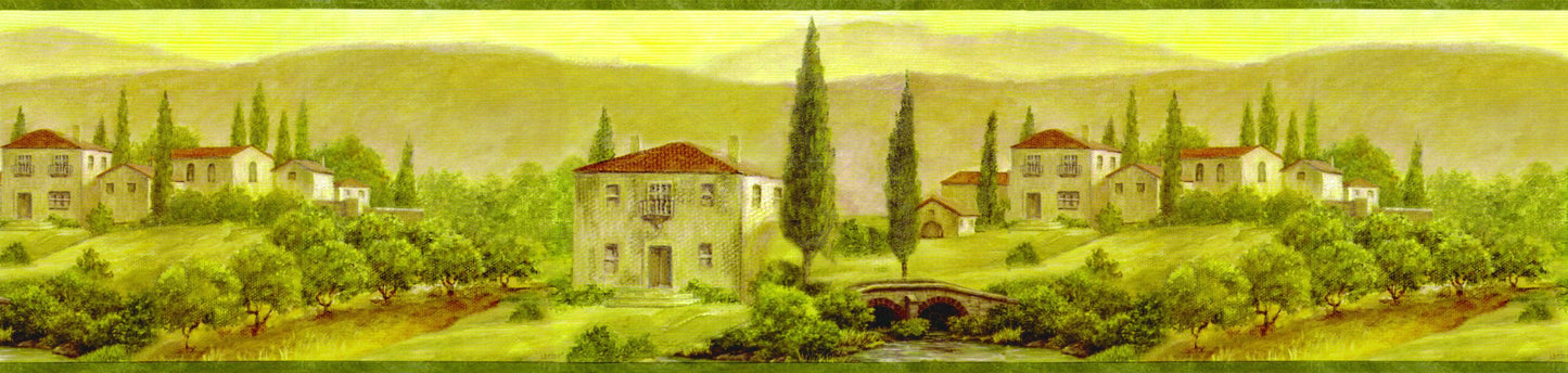 Prepasted Wallpaper Border - Country Green, Red Houses, Trees Wall Border Retro Design, 15 ft x 6 in (4.57m x 15.24cm)