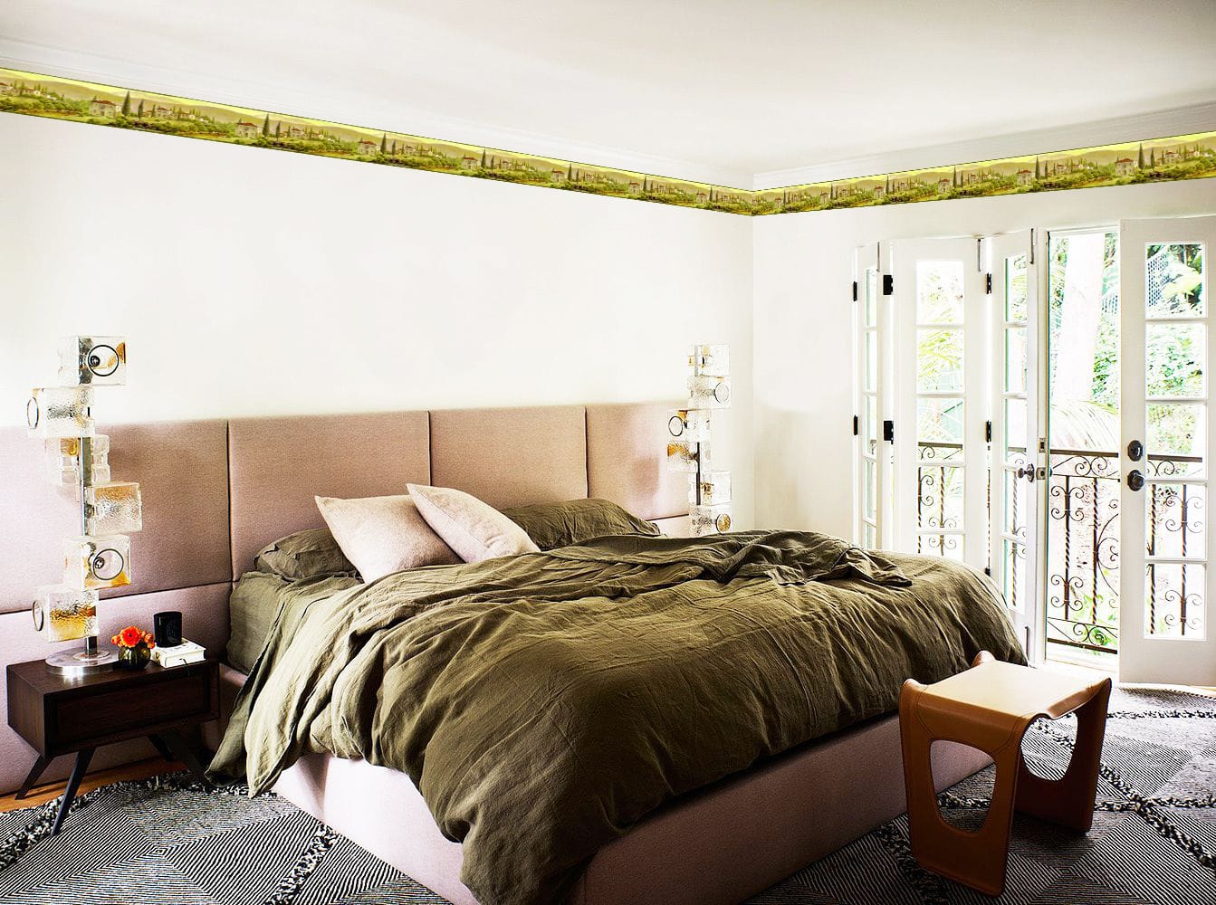 Prepasted Wallpaper Border - Country Green, Red Houses, Trees Wall Border Retro Design, 15 ft x 6 in (4.57m x 15.24cm)