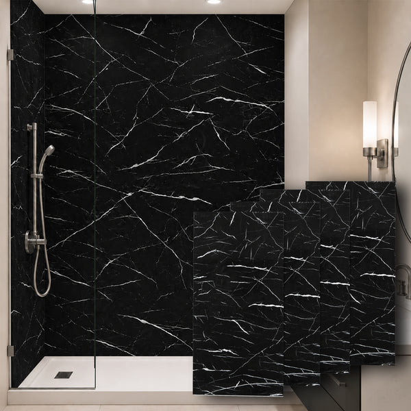 Faux Marble Wall Panels - 2 ft X 4 ft - Glossy, Waterproof Indoor Wall Cladding - Black, White Veins