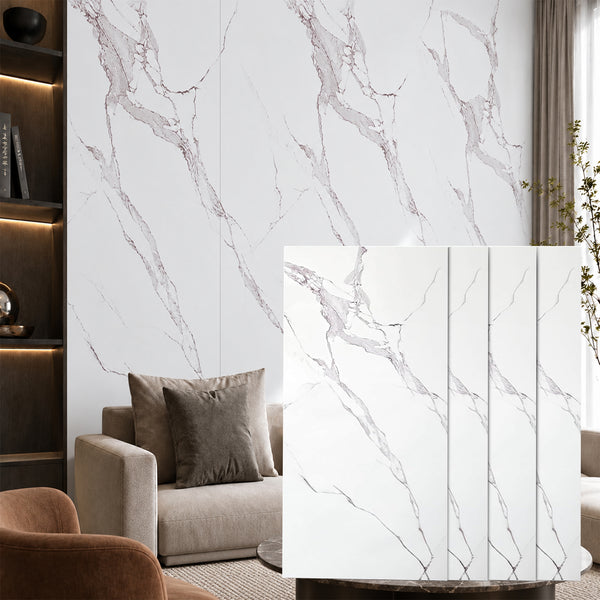 Faux Marble Wall Panels - 2 ft X 4 ft - Glossy, Waterproof Indoor Wall Cladding - White, Grey Veins