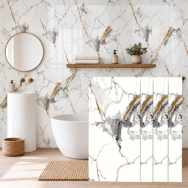 Faux Marble Wall Panels - 2 ft X 4 ft - Glossy, Waterproof Indoor Wall Cladding - White, Black, Brown Veins