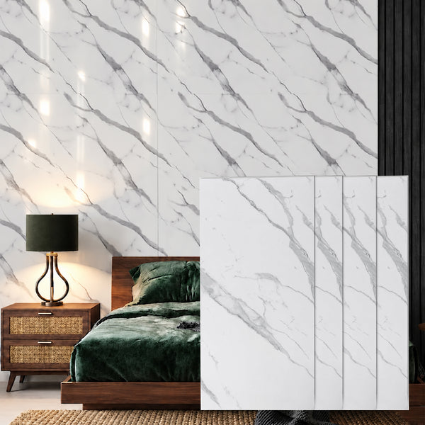 Faux Marble Wall Panels - 2 ft X 4 ft - Glossy, Waterproof Indoor Wall Cladding - Off-White, Grey Veins