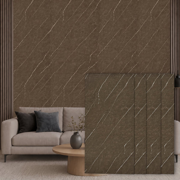 Faux Marble Wall Panels - 2 ft X 4 ft - Glossy, Waterproof Indoor Wall Cladding - Chocolate Brown, White Veins