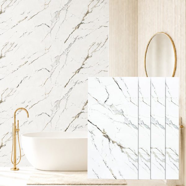 Faux Marble Wall Panels - 2 ft X 4 ft - Glossy, Waterproof Indoor Wall Cladding - White, Grey, Tan Veins