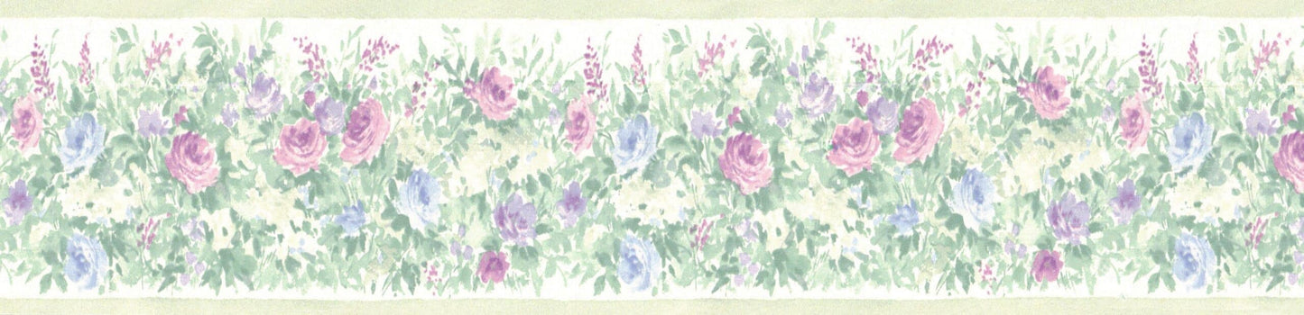 Prepasted Wallpaper Border - Floral Pink, Blue Blooming Roses Wall Border Retro Design, 15 ft x 3 in (4.57m x 7.62cm)