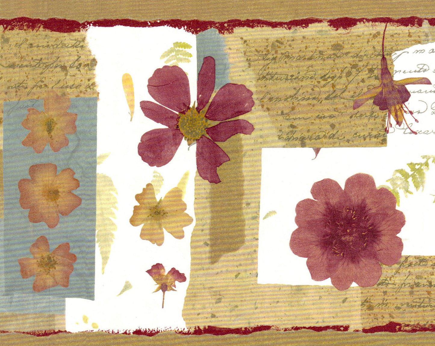 Prepasted Wallpaper Border - Floral Brown, Beige, Burgundy Flowers, Poetry Wall Border Retro Design, 15 ft x 6.8 in (4.57m x 17.27cm)