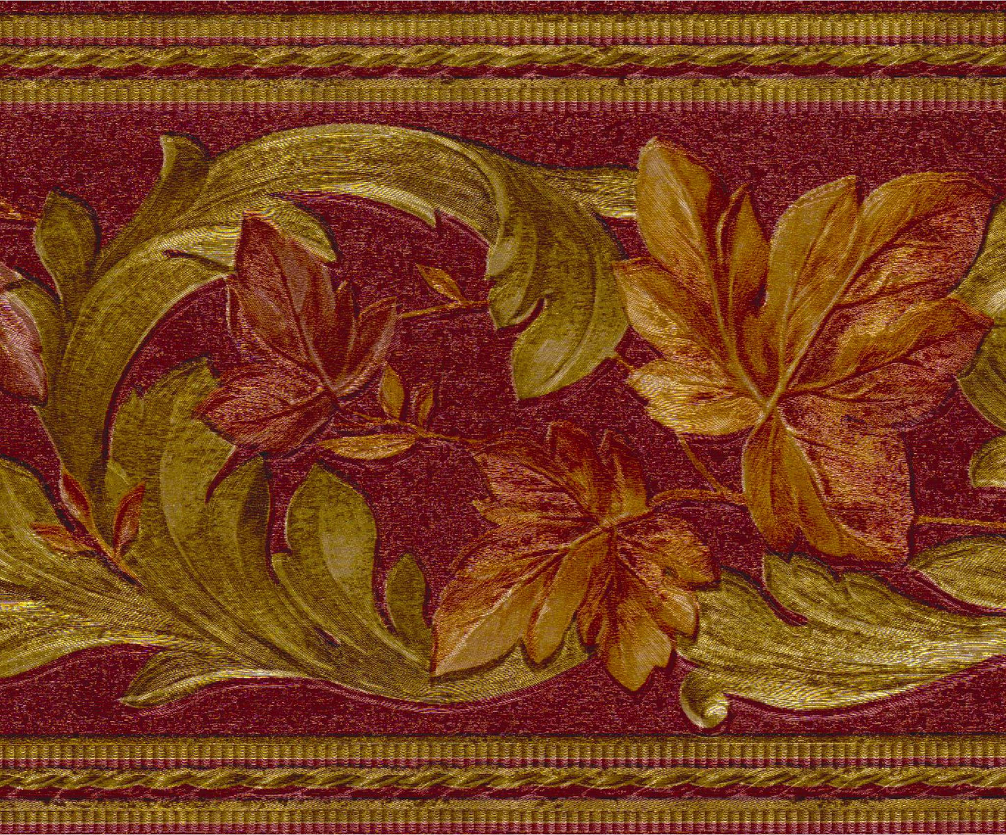 Prepasted Wallpaper Border - Abstract Burgundy, Brown, Green Leaves, Vines Wall Border Retro Design, 15 ft x 5.75 in (4.57m x 14.61cm)