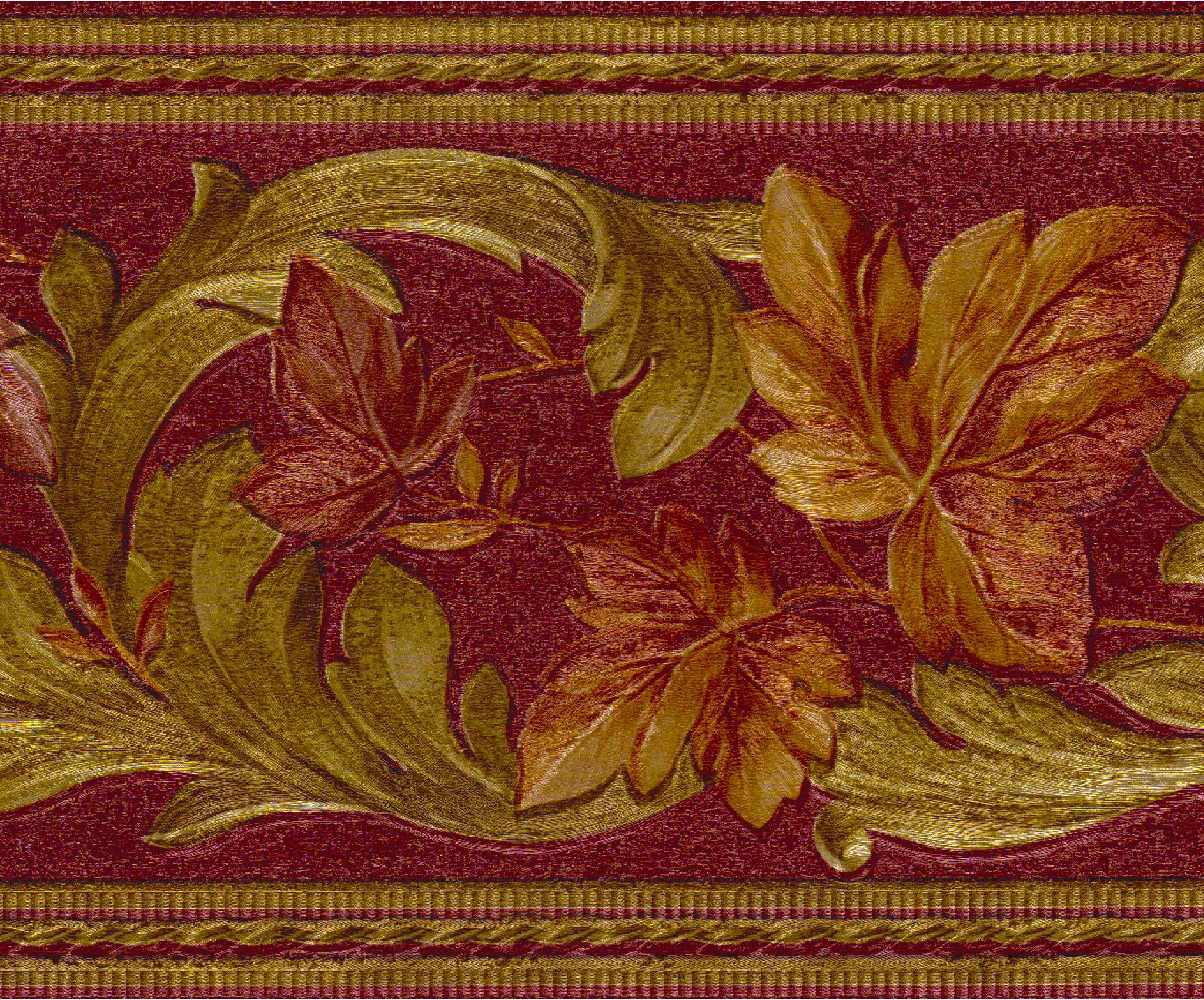 Prepasted Wallpaper Border - Abstract Burgundy, Brown, Green Leaves, Vines Wall Border Retro Design, 15 ft x 5.75 in (4.57m x 14.61cm)