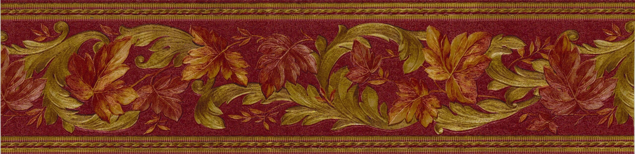 Prepasted Wallpaper Border - Abstract Burgundy, Brown, Green Leaves, Vines Wall Border Retro Design, 15 ft x 5.75 in (4.57m x 14.61cm)