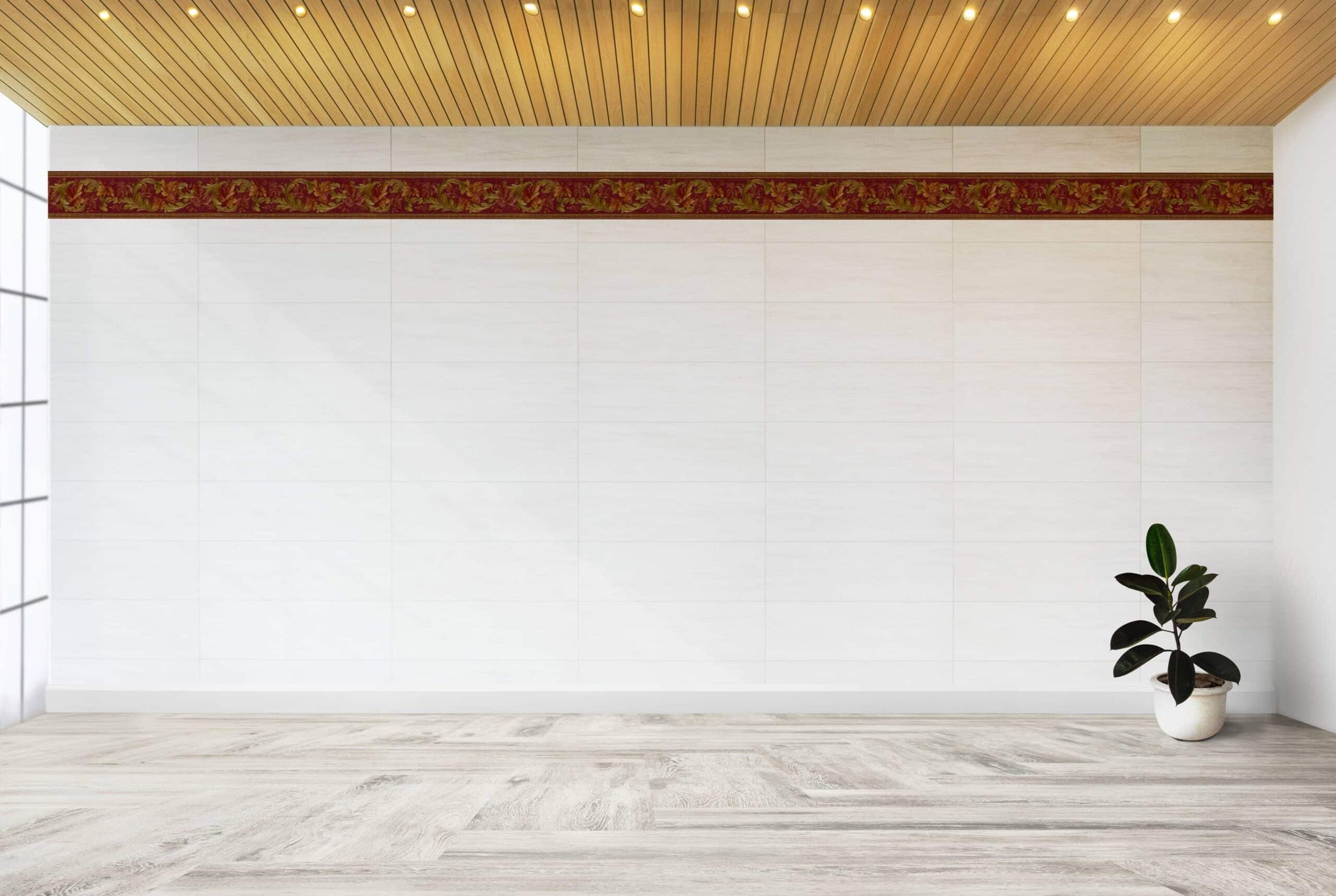 Prepasted Wallpaper Border - Abstract Burgundy, Brown, Green Leaves, Vines Wall Border Retro Design, 15 ft x 5.75 in (4.57m x 14.61cm)