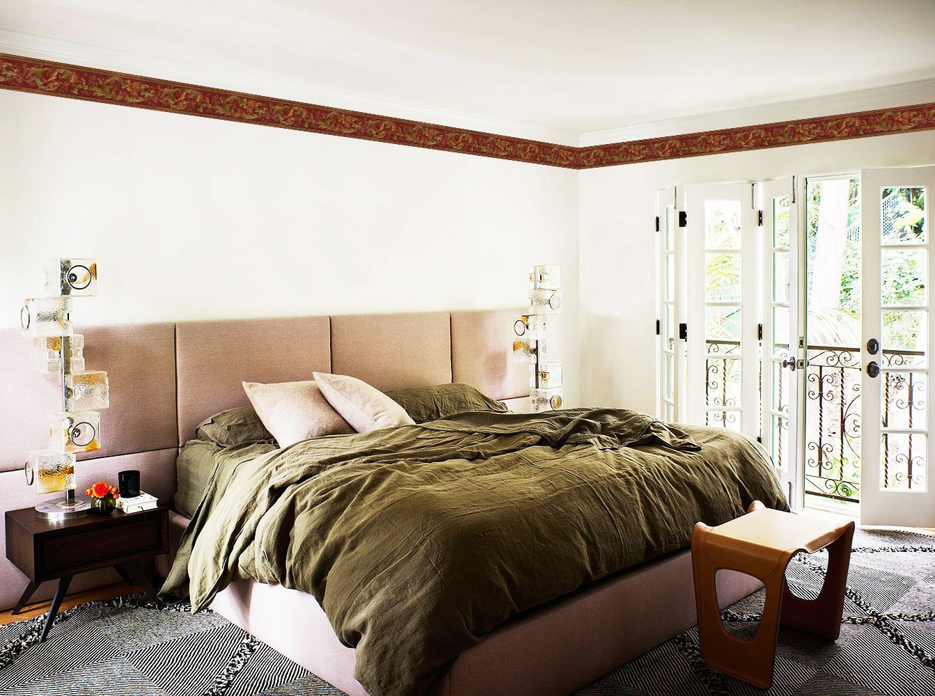 Prepasted Wallpaper Border - Abstract Burgundy, Brown, Green Leaves, Vines Wall Border Retro Design, 15 ft x 5.75 in (4.57m x 14.61cm)