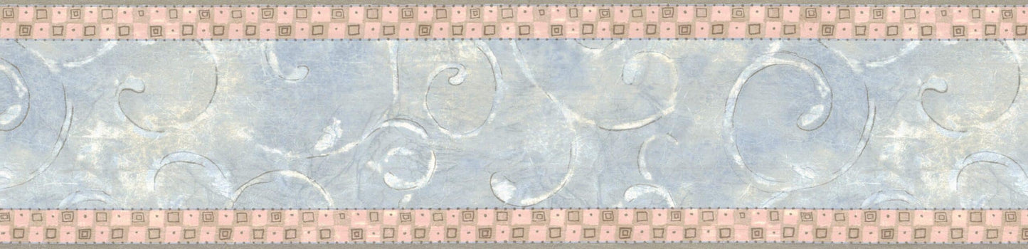 Prepasted Wallpaper Border - Damask Blue, Grey, Pink Scrolls Wall Border Retro Design, 15 ft x 6.4 in (4.57m x 16.26cm)