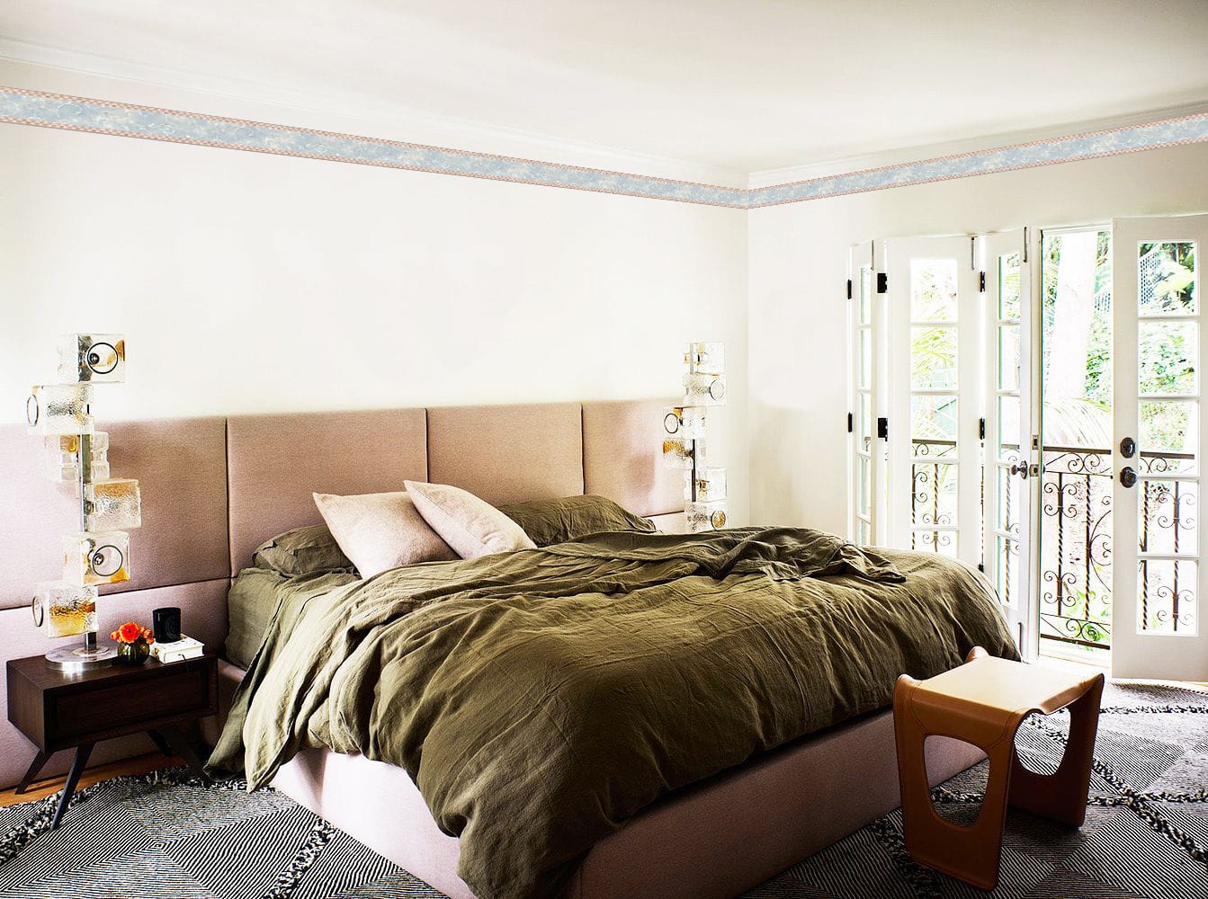 Prepasted Wallpaper Border - Damask Blue, Grey, Pink Scrolls Wall Border Retro Design, 15 ft x 6.4 in (4.57m x 16.26cm)