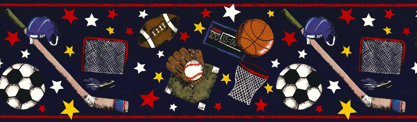 Unpasted Wallpaper Border - Sports Red, Black, White, Navy Ball, Stars, Helmet, Bat Wall Border Retro Design, 15 ft x 9 in (4.57m x 22.86cm)