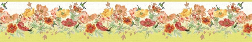 Peel and Stick Wallpaper Border - Floral Orange, Pink, Yellow Flowers, Hummingbird Wall Border Retro Design, 15 ft x 7 in (4.57m x 17.78cm), Self Adhesive