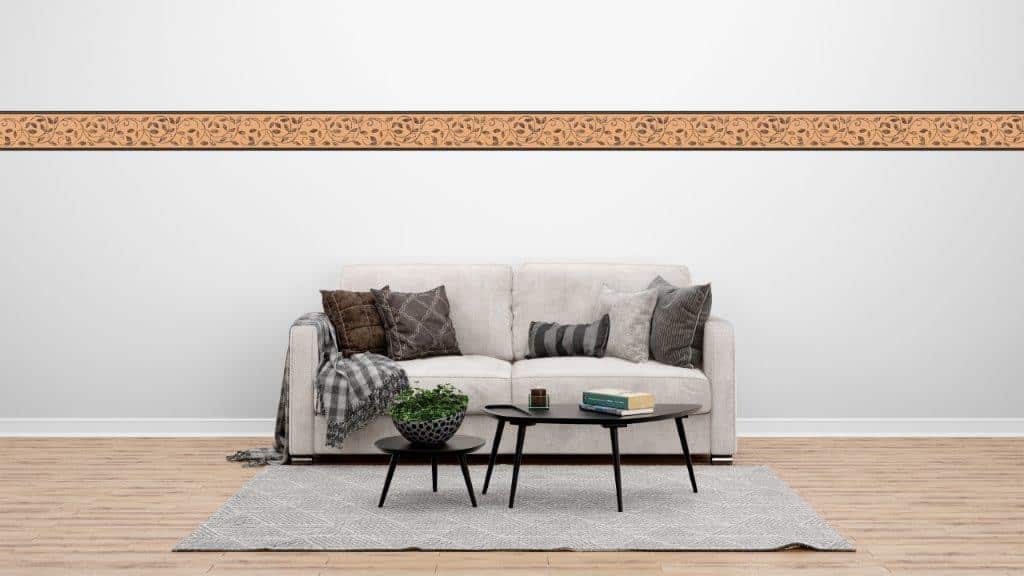 Peel and Stick Wallpaper Border - Damask Grey, Brown, Sepia Scrolls, Leaves Wall Border Retro Design, 15 ft x 7 in (4.57m x 17.78cm), Self Adhesive