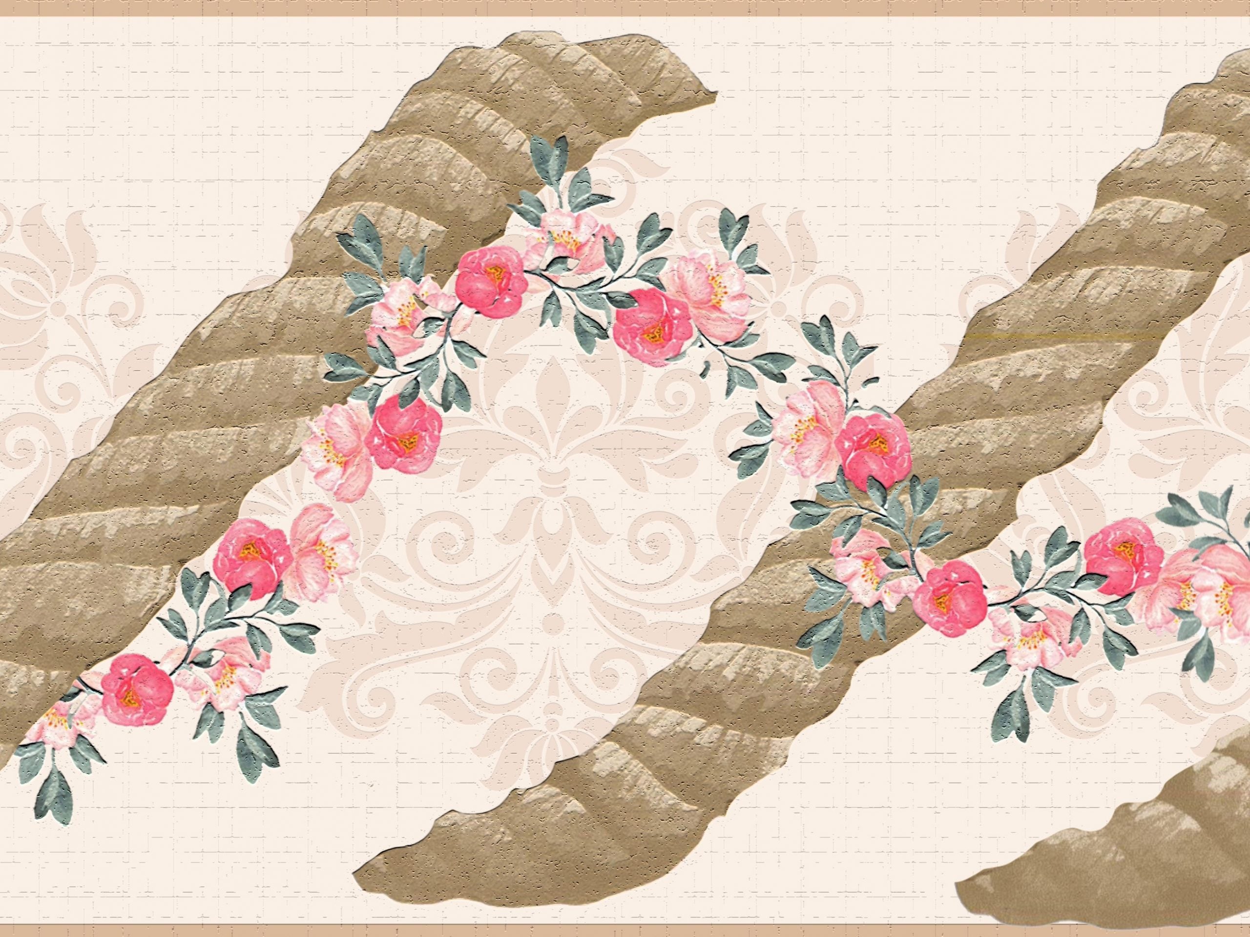 Peel and Stick Wallpaper Border - Damask Pink Brown Rope Flowers Wall