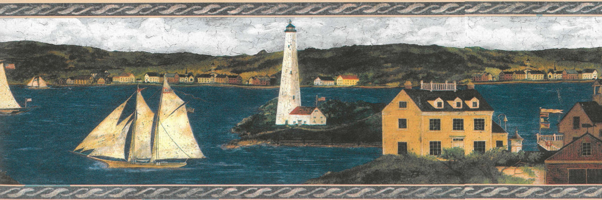 Prepasted Wallpaper Border - Country Blue, Brown, Green Lighthouse, Sa