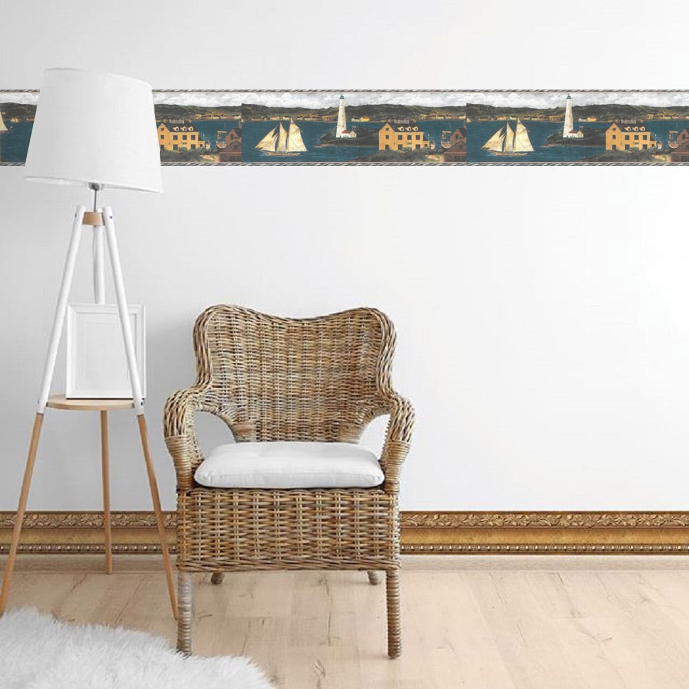 Prepasted Wallpaper Border - Country Blue, Brown, Green Lighthouse, Sa