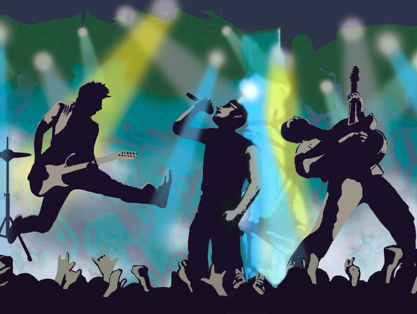 Prepasted Wallpaper Border - Kids Blue, Green, Black, Yellow Rock Concert Wall Border Retro Design, 15 ft x 9 in (4.57m x 22.86cm)