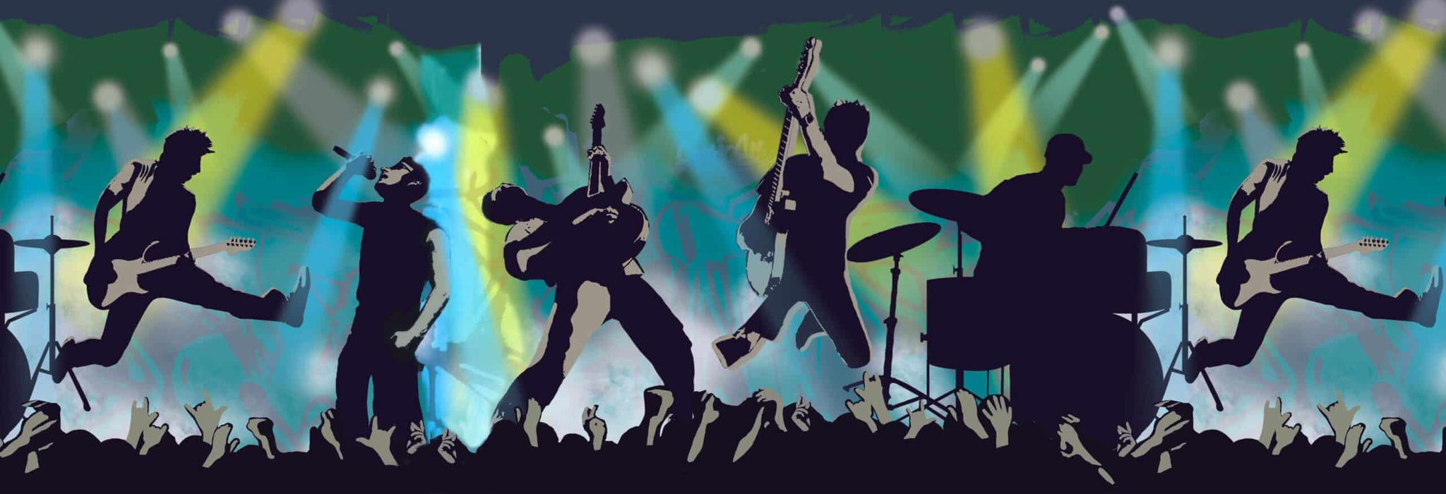 Prepasted Wallpaper Border - Kids Blue, Green, Black, Yellow Rock Concert Wall Border Retro Design, 15 ft x 9 in (4.57m x 22.86cm)