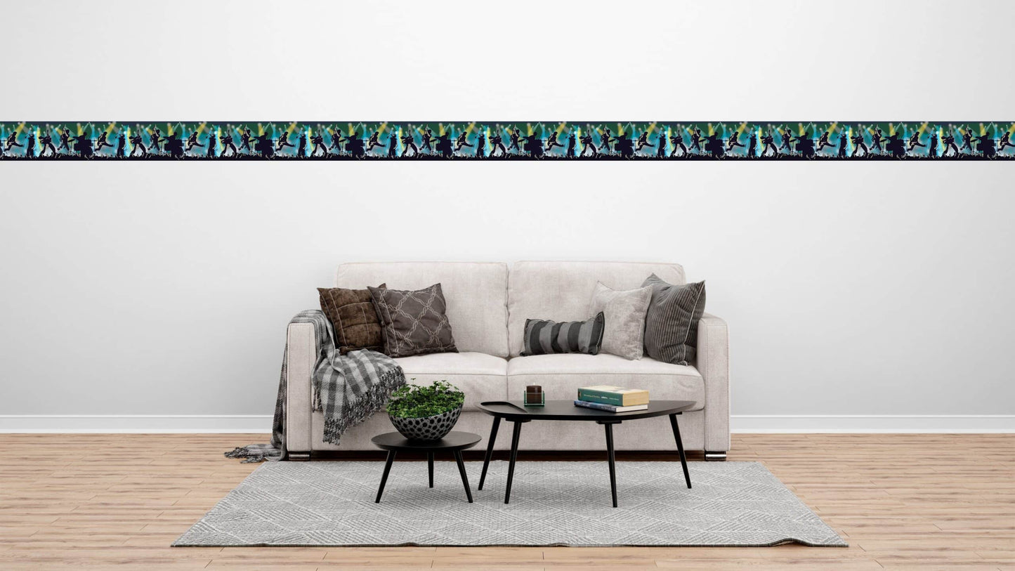 Prepasted Wallpaper Border - Kids Blue, Green, Black, Yellow Rock Concert Wall Border Retro Design, 15 ft x 9 in (4.57m x 22.86cm)