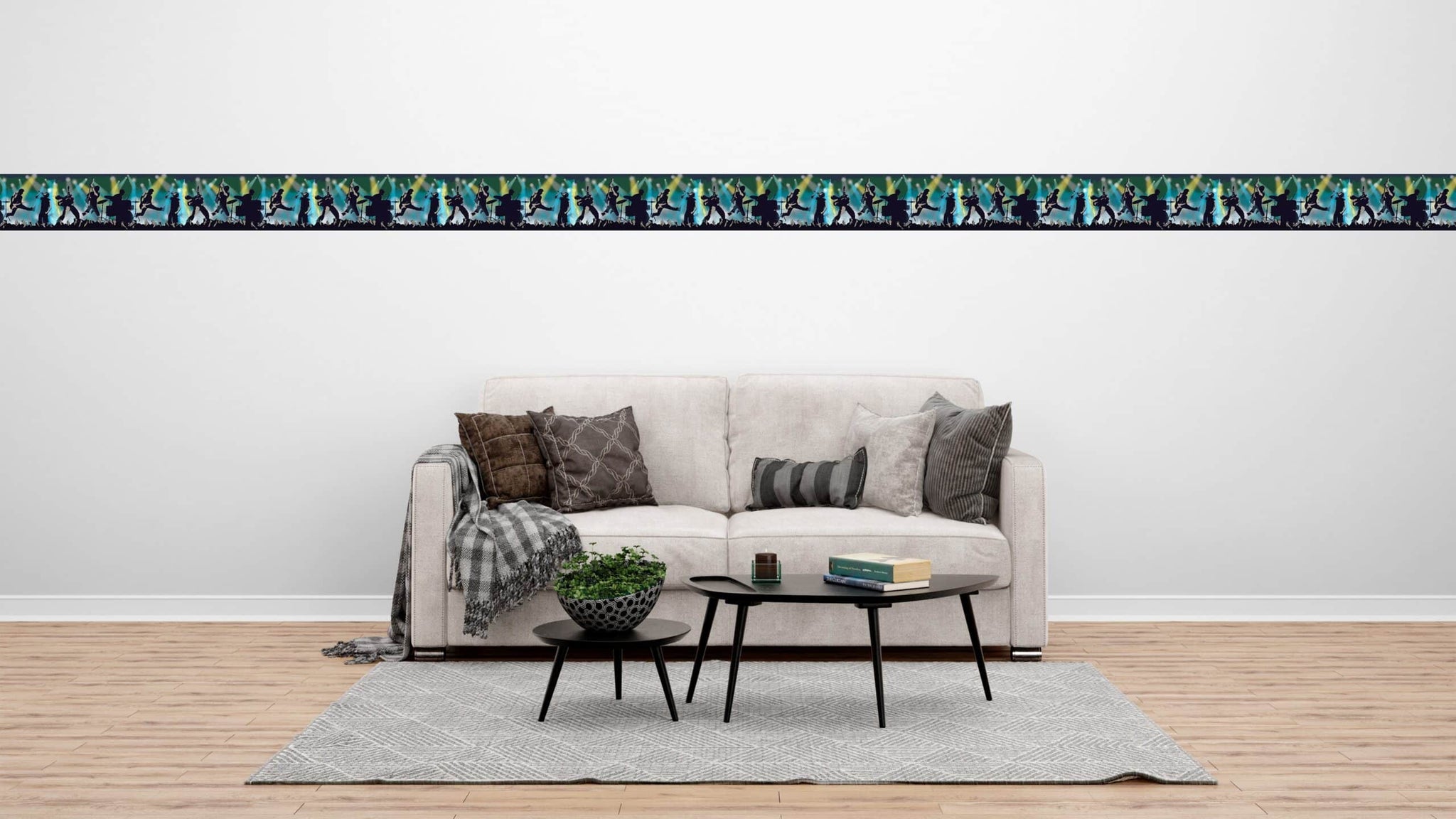 Prepasted Wallpaper Border - Kids Blue, Green, Black, Yellow Rock Concert Wall Border Retro Design, 15 ft x 9 in (4.57m x 22.86cm)