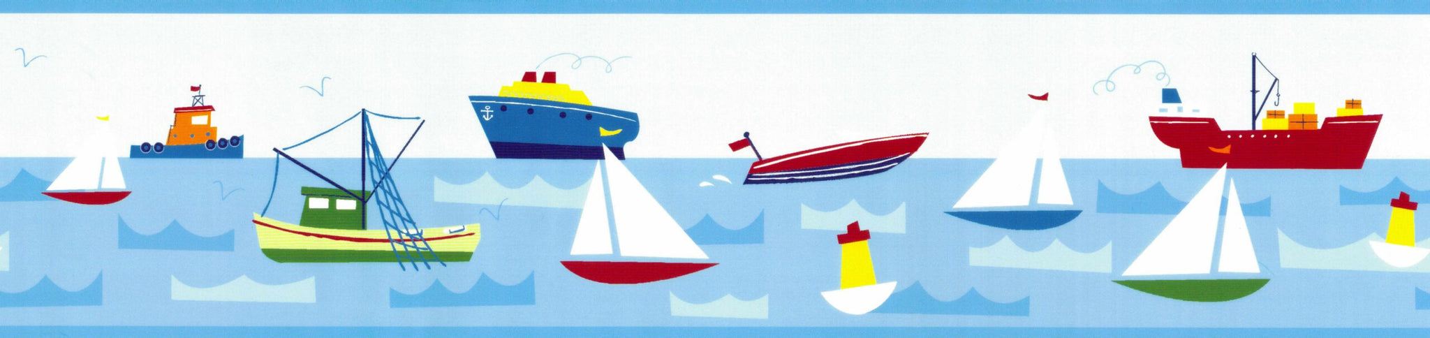 Prepasted Wallpaper Border - Nautical Blue, Red, White, Yellow Ships, Sailboats Wall Border Retro Design, 15 ft x 6 in (4.57m x 15.24cm)