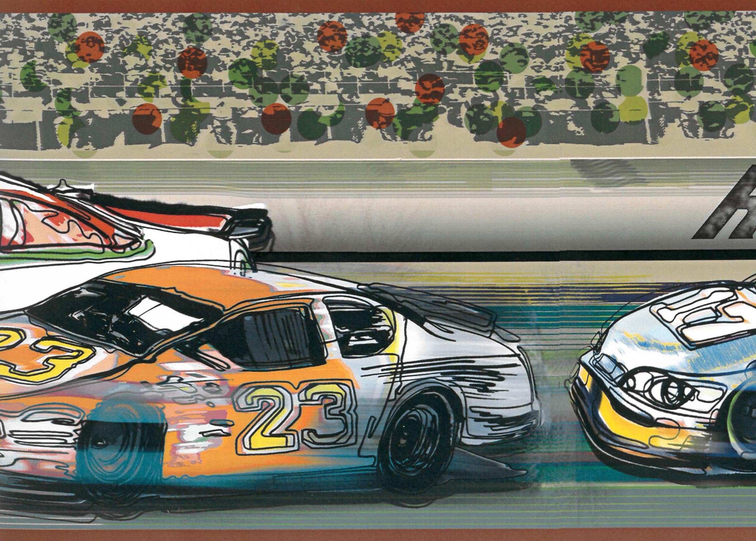 Prepasted Wallpaper Border - Kids Yellow, Green, Blue Racetrack, Race