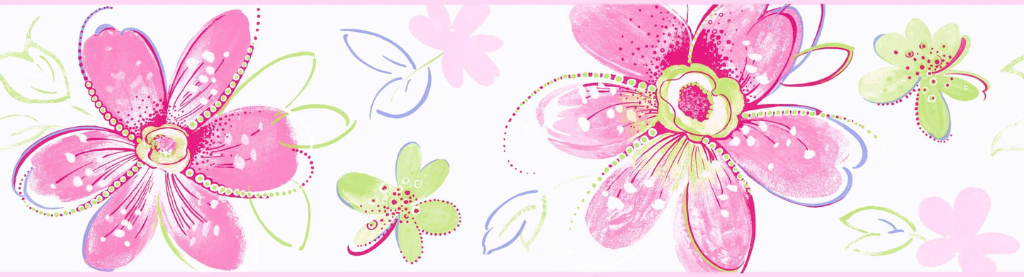 Prepasted Wallpaper Border - Kids Floral Pink, Green, Silver, Purple Wall Border Retro Design, Roll 15 ft X 6.75 in (4.57m X 17.15cm)