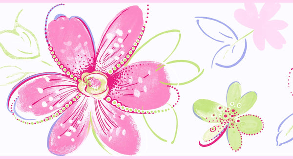 Prepasted Wallpaper Border - Kids Floral Pink, Green, Silver, Purple Wall Border Retro Design, Roll 15 ft X 6.75 in (4.57m X 17.15cm)