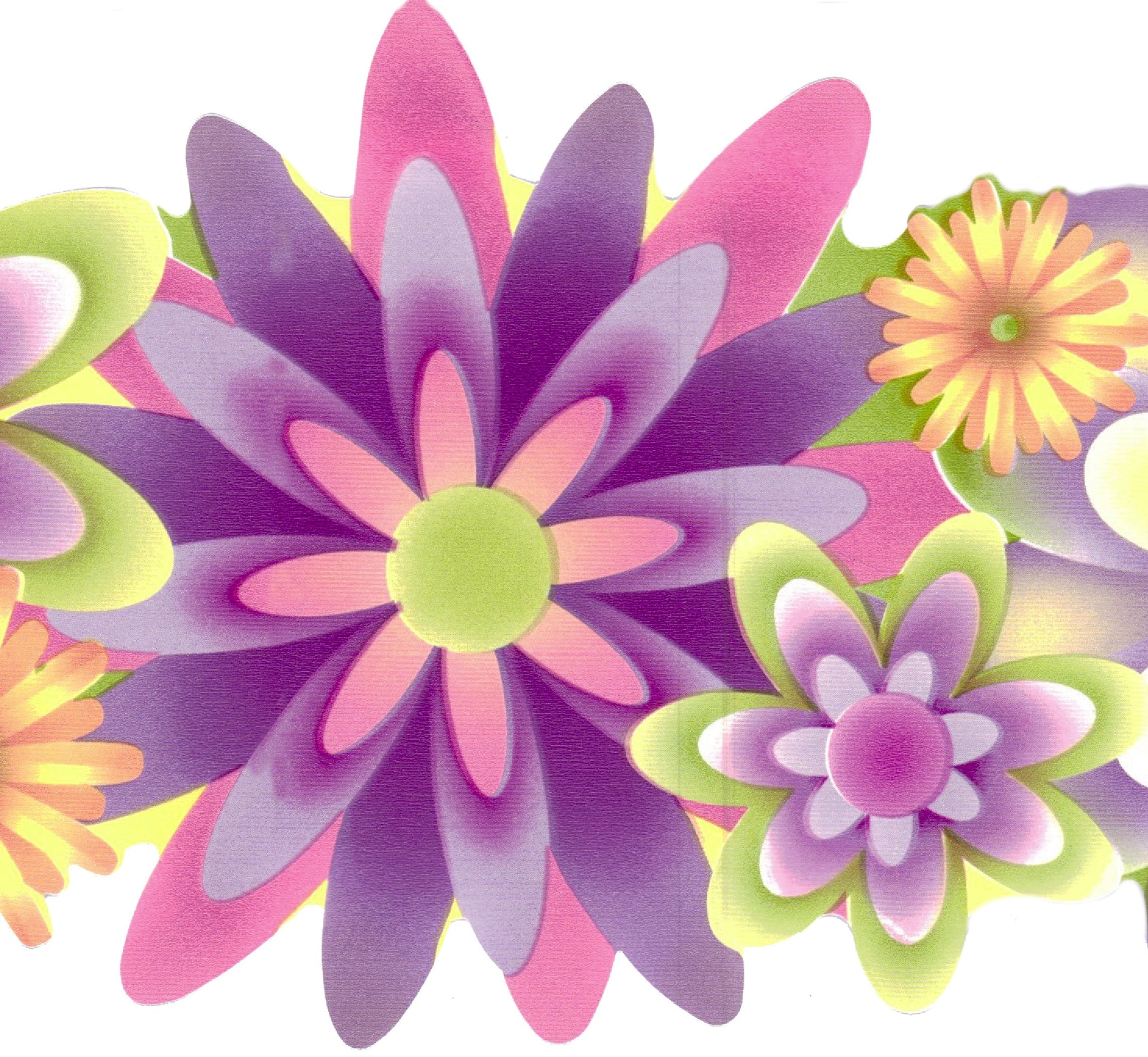 Prepasted Wallpaper Border - Kids Purple, Pink, Green, Yellow Flowers Scalloped Wall Border Retro Design, 15 ft x 5.7 in (4.57m x 14.48cm)