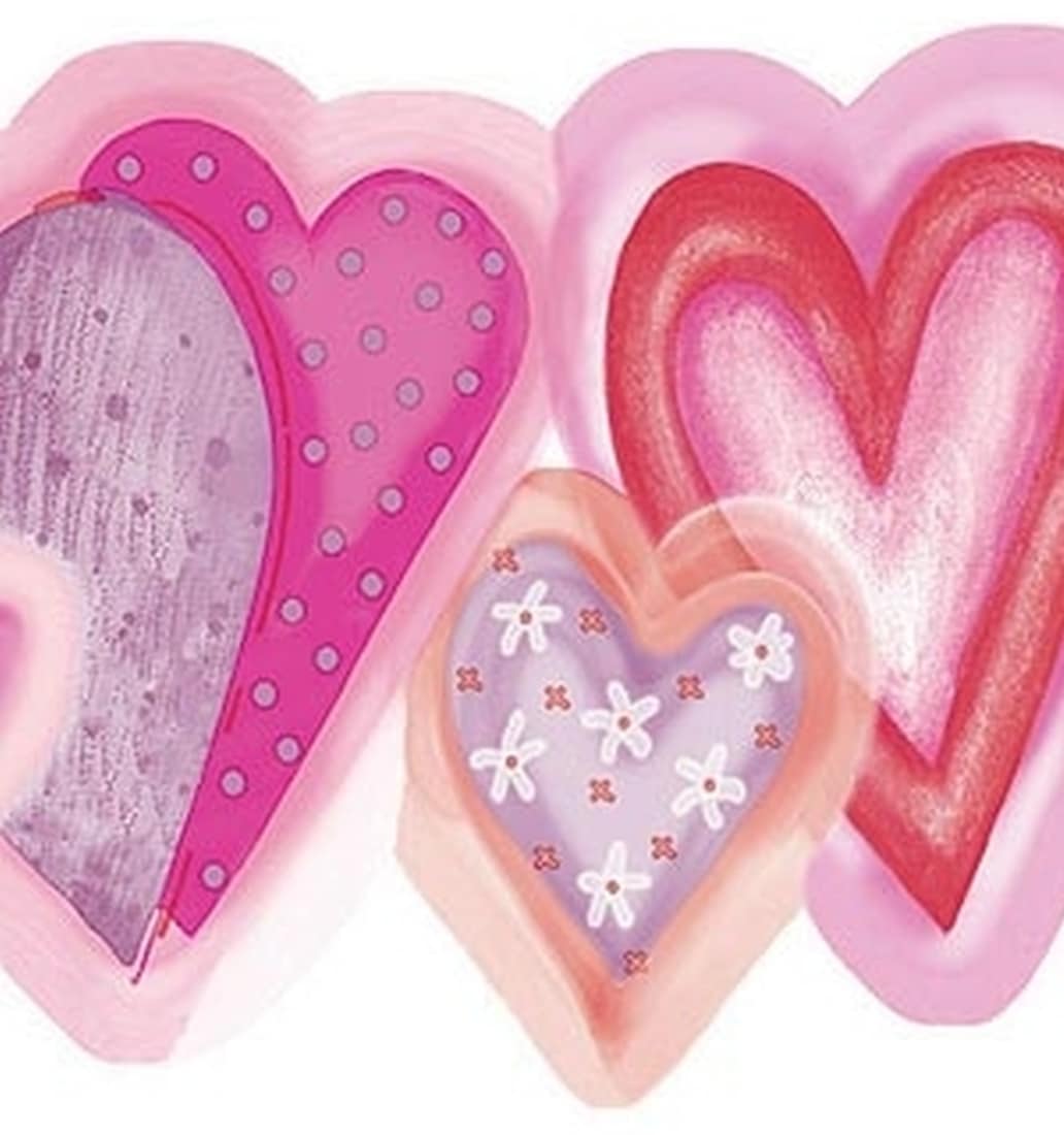 Prepasted Wallpaper Border - Kids Pink, Purple, Red Hearts Scalloped W