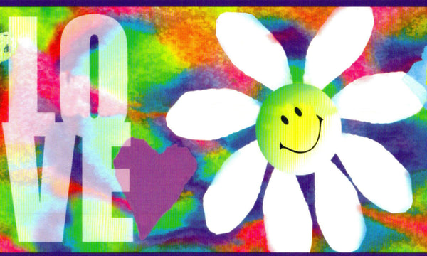Prepasted Wallpaper Border - Kids Pink, Blue, Green, Purple Peace, Love, Flower Wall Border Retro Design, 15 ft x 5.25 in (4.57m x 13.34cm)