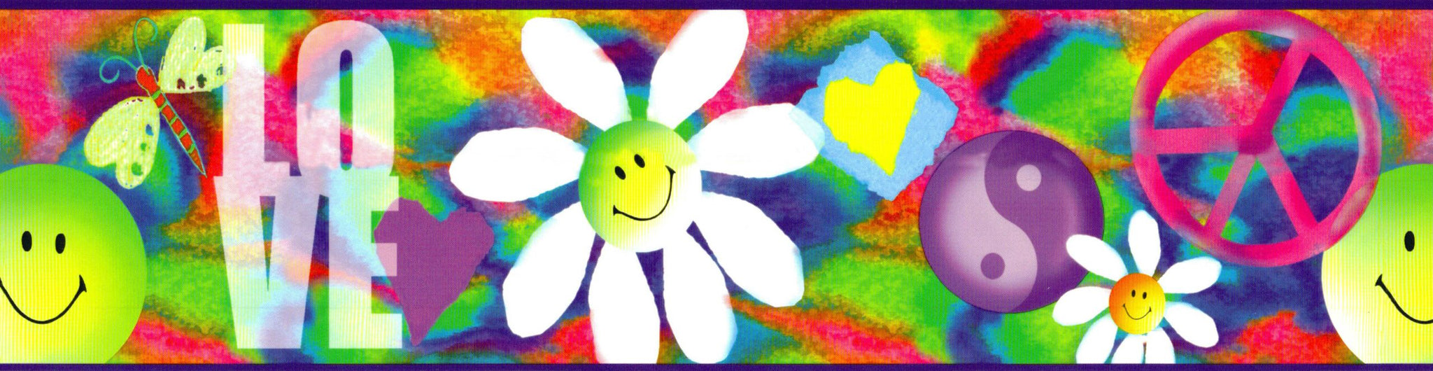 Prepasted Wallpaper Border - Kids Pink, Blue, Green, Purple Peace, Love, Flower Wall Border Retro Design, 15 ft x 5.25 in (4.57m x 13.34cm)