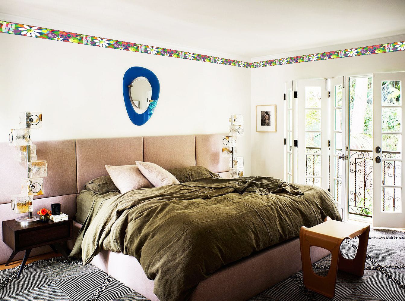 Prepasted Wallpaper Border - Kids Pink, Blue, Green, Purple Peace, Love, Flower Wall Border Retro Design, 15 ft x 5.25 in (4.57m x 13.34cm)