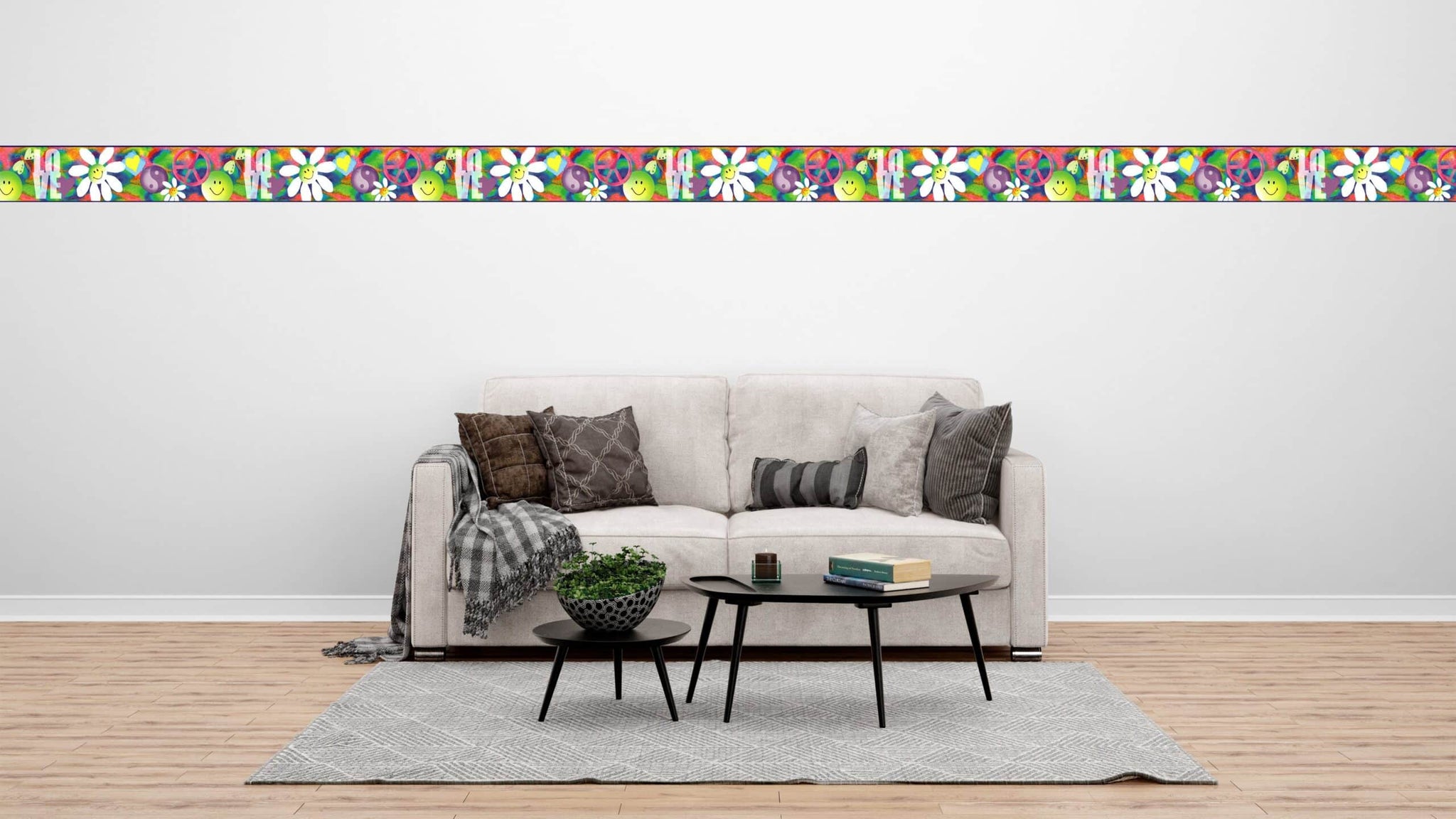 Prepasted Wallpaper Border - Kids Pink, Blue, Green, Purple Peace, Love, Flower Wall Border Retro Design, 15 ft x 5.25 in (4.57m x 13.34cm)