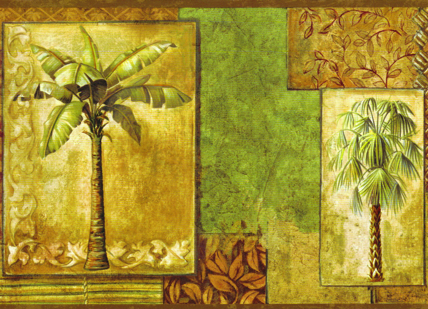 Prepasted Wallpaper Border - Botanical Green, Brown, Burgundy Palm Trees in Postcards Wall Border Retro Design, 15 ft x 8.7 in (4.57m x 22.1cm)