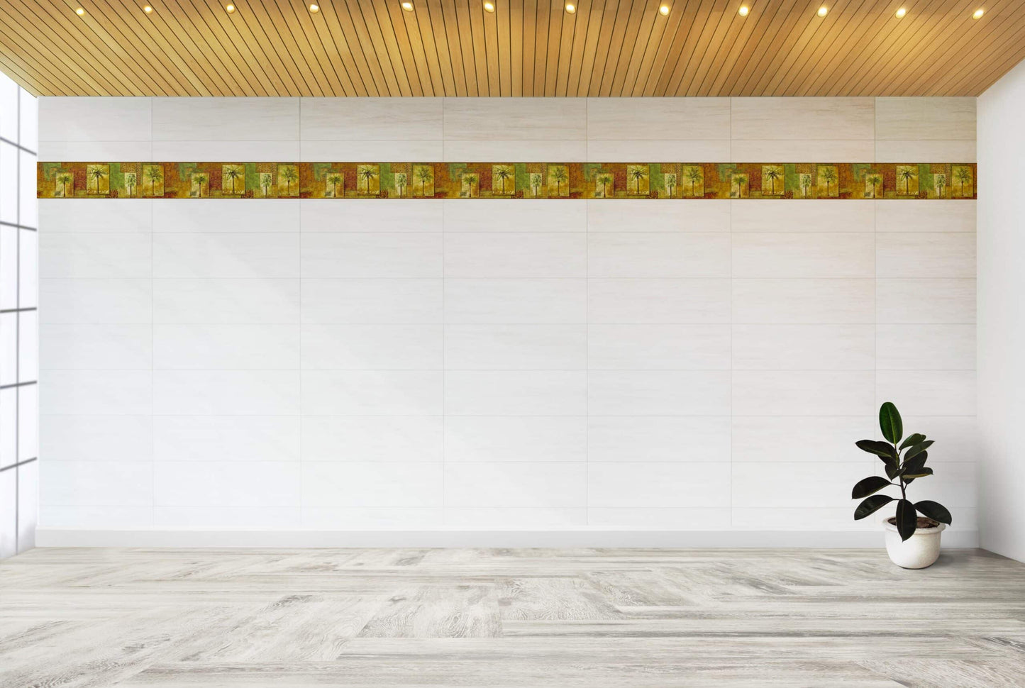 Prepasted Wallpaper Border - Botanical Green, Brown, Burgundy Palm Trees in Postcards Wall Border Retro Design, 15 ft x 8.7 in (4.57m x 22.1cm)