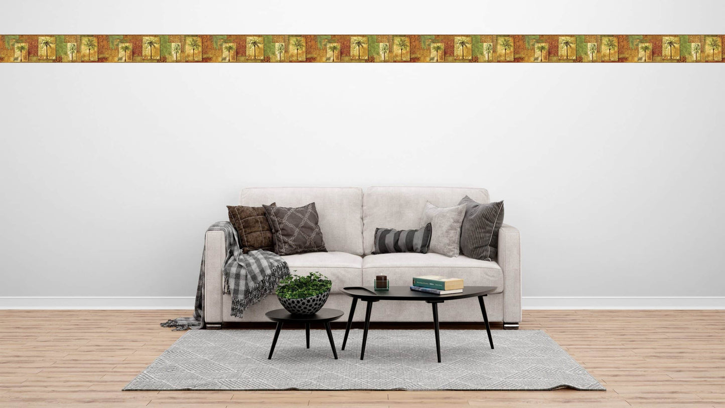 Prepasted Wallpaper Border - Botanical Green, Brown, Burgundy Palm Trees in Postcards Wall Border Retro Design, 15 ft x 8.7 in (4.57m x 22.1cm)