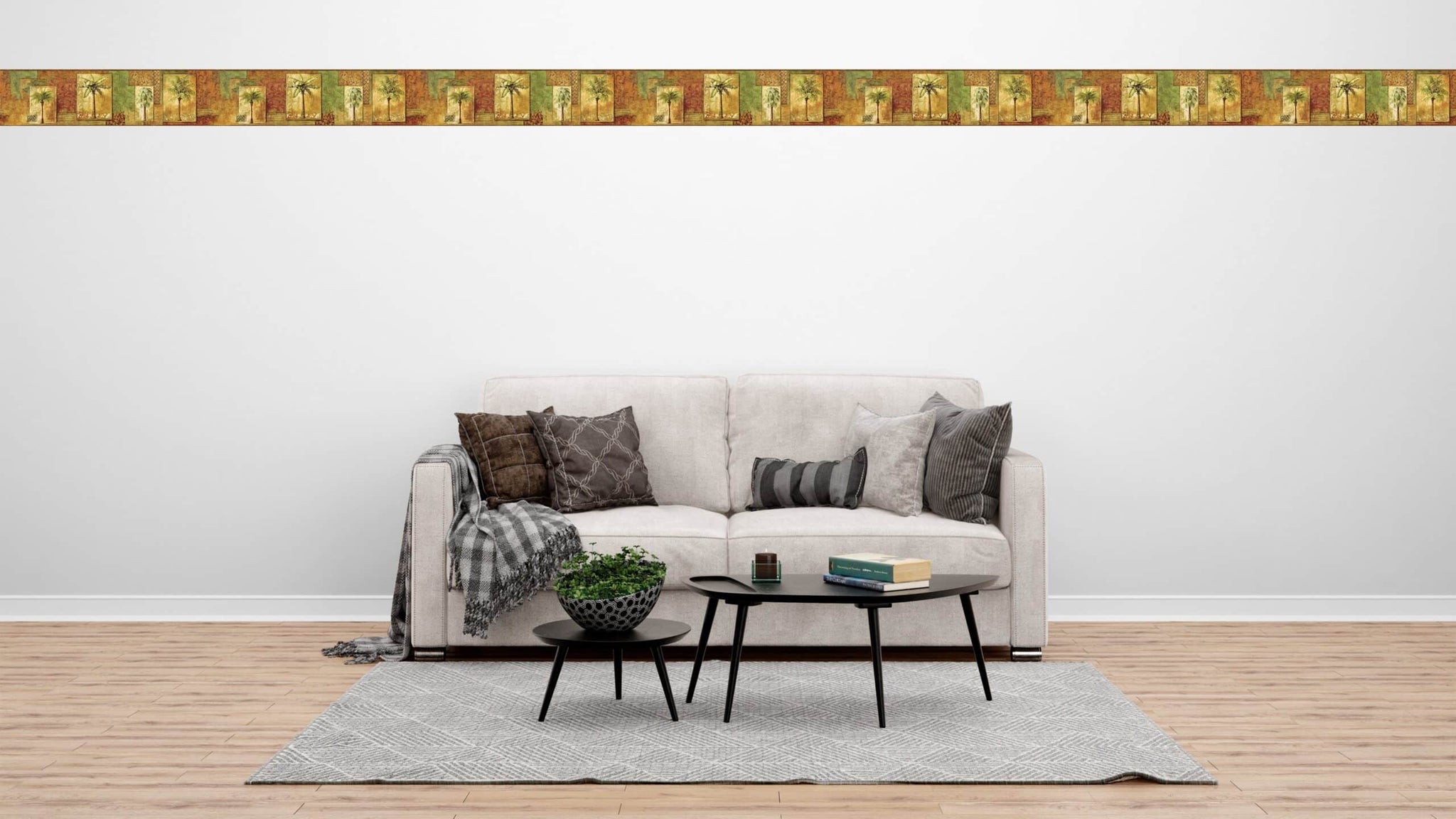 Prepasted Wallpaper Border - Botanical Green, Brown, Burgundy Palm Trees in Postcards Wall Border Retro Design, 15 ft x 8.7 in (4.57m x 22.1cm)