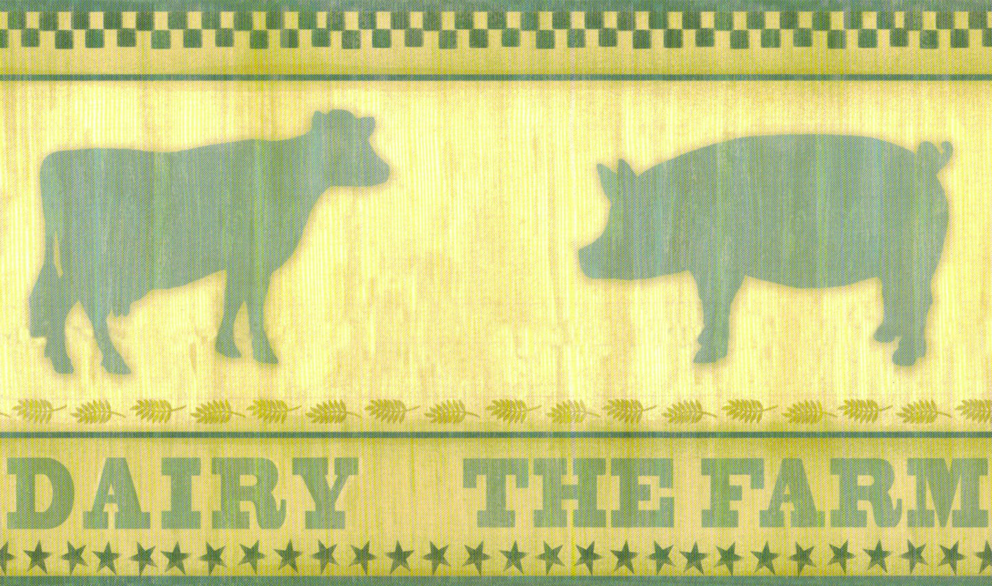 Prepasted Wallpaper Border - Kitchen Blue, Beige Farm Animals Wall Border Retro Design, 15 ft x 6 in (4.57m x 15.24cm)