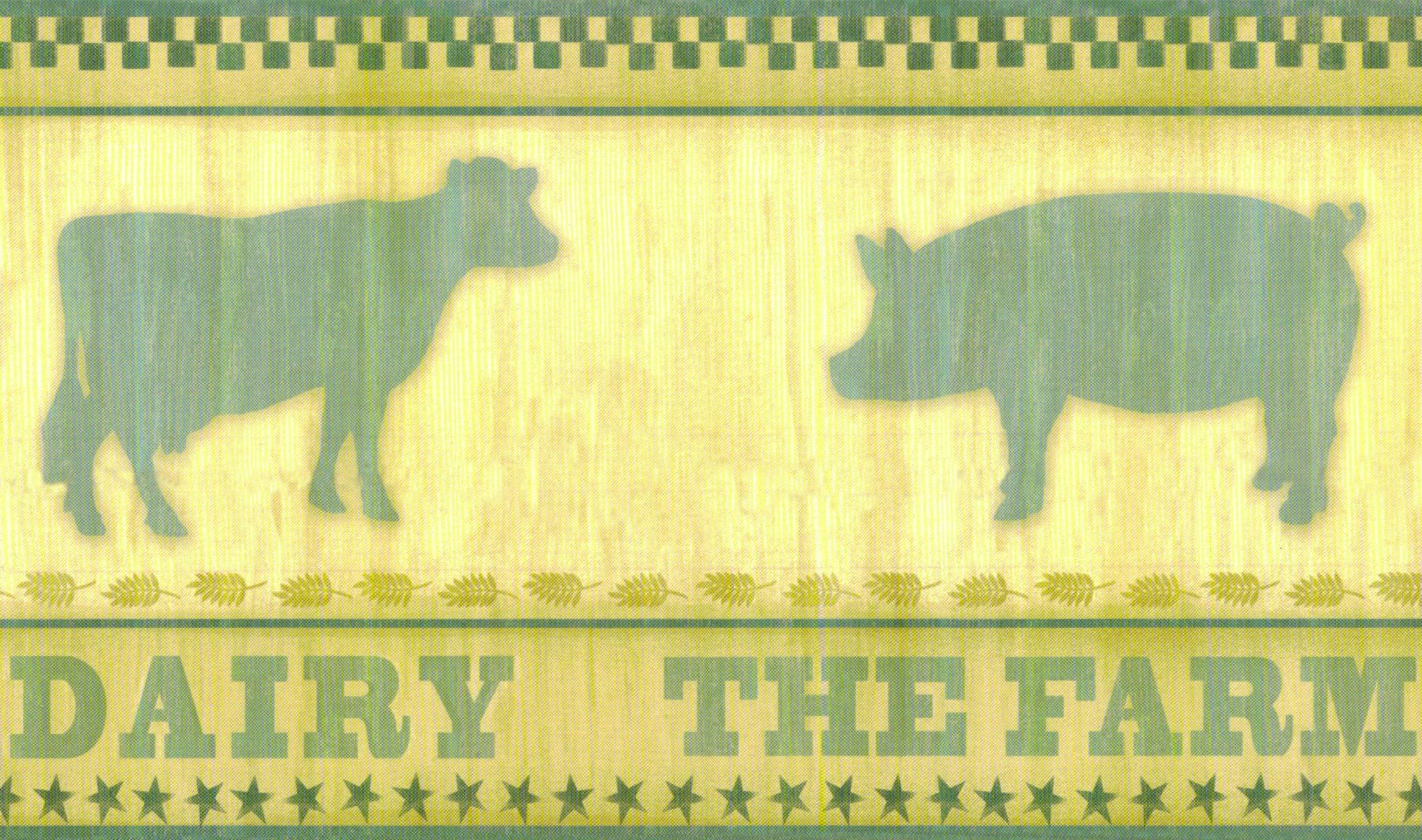 Prepasted Wallpaper Border - Kitchen Blue, Beige Farm Animals Wall Border Retro Design, 15 ft x 6 in (4.57m x 15.24cm)