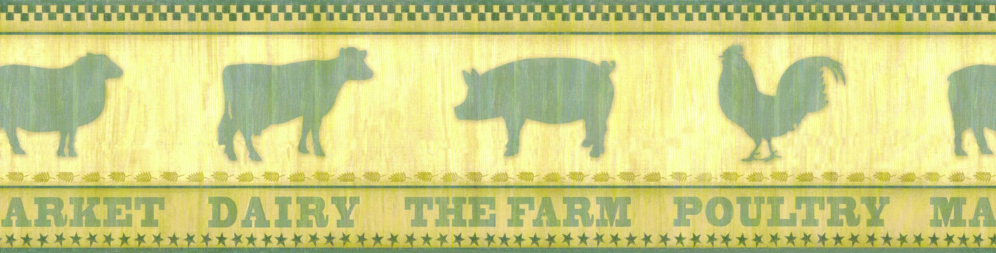 Prepasted Wallpaper Border - Kitchen Blue, Beige Farm Animals Wall Border Retro Design, 15 ft x 6 in (4.57m x 15.24cm)